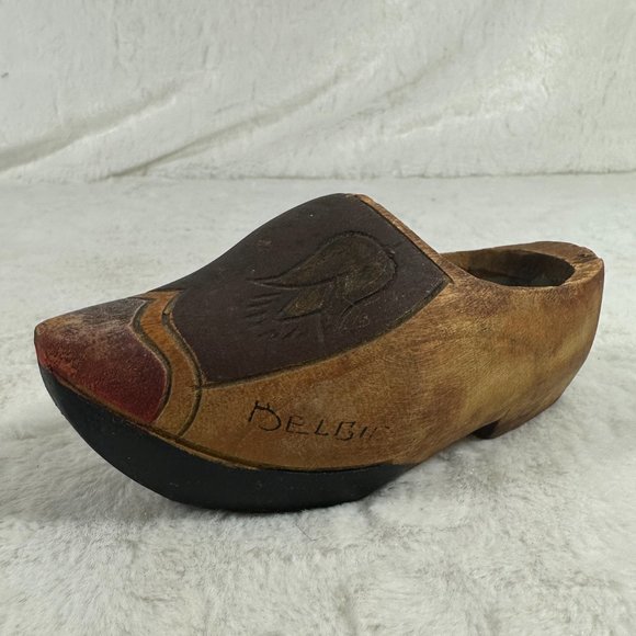 Vintage Dutch Wooden Shoe clog Hand painted carved Art Tulips - Picture 1 of 8